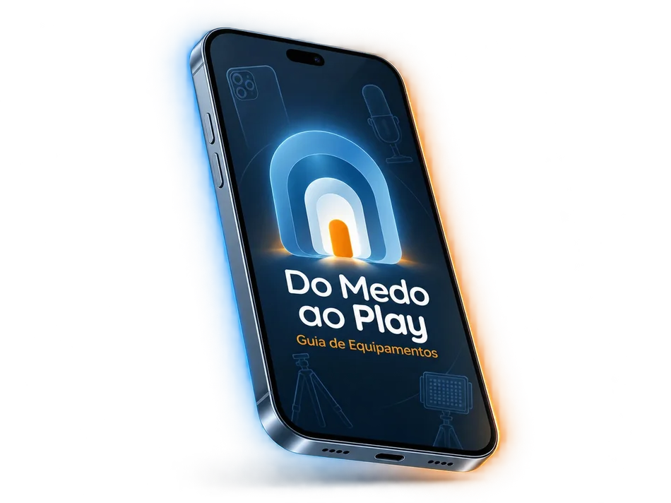 Celular mostrando a capa do e-book Guia de Equipamentos, do Do Medo ao Play