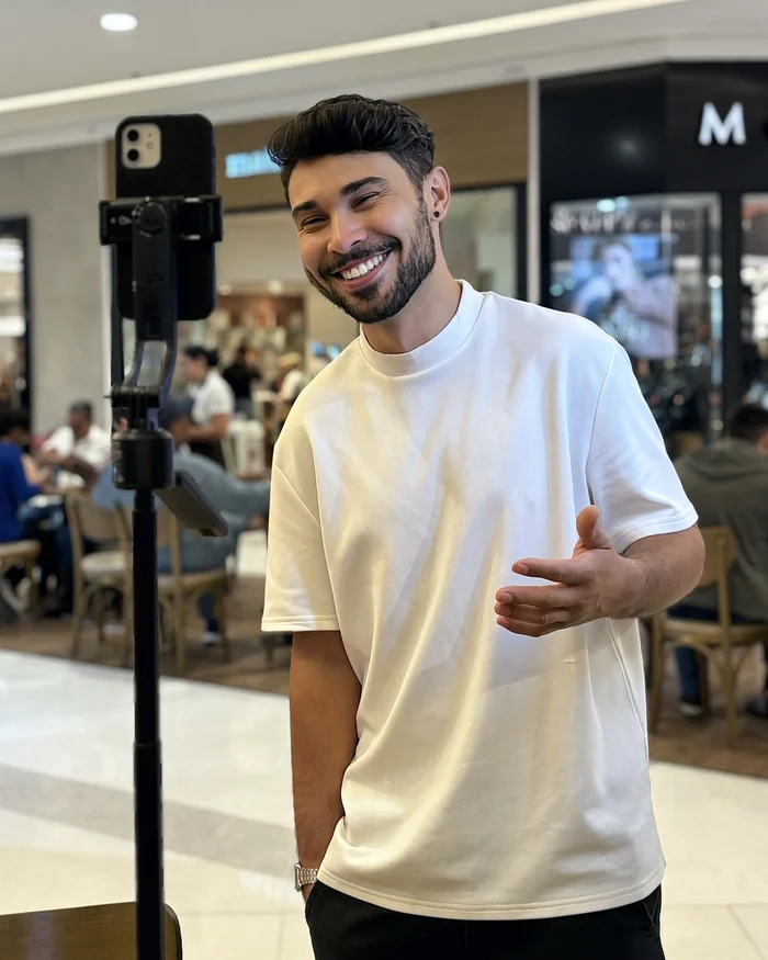 Homem em pé num shopping, sorrindo e falando para o celular no tripé
